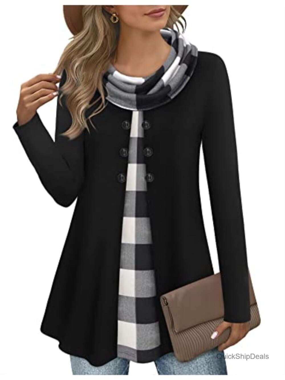 Women's Long Sleeve Cowl Neck Tunic Top with Buttons - Knit, A-Line, Cold